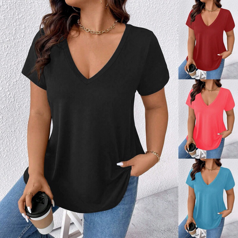 Summer New Shein Amazon Temu Cross-Border European and American Clothing Pure Color V-Neck Casual Short-Sleeved T-Shirt Tops for Women
