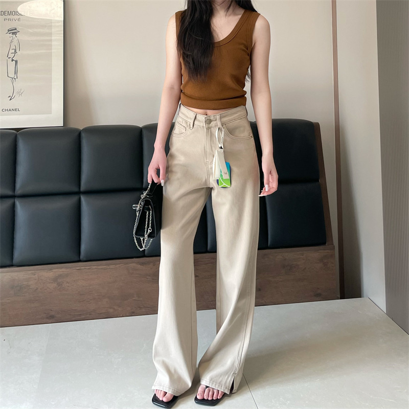 Vxmor Is Highly Recommended! Women's Straight-Leg Jeans That Make Legs Look Straight, High-Waisted, Slimming, with Small Slits, Four-Way Stretch, Long Pants for Spring and Autumn