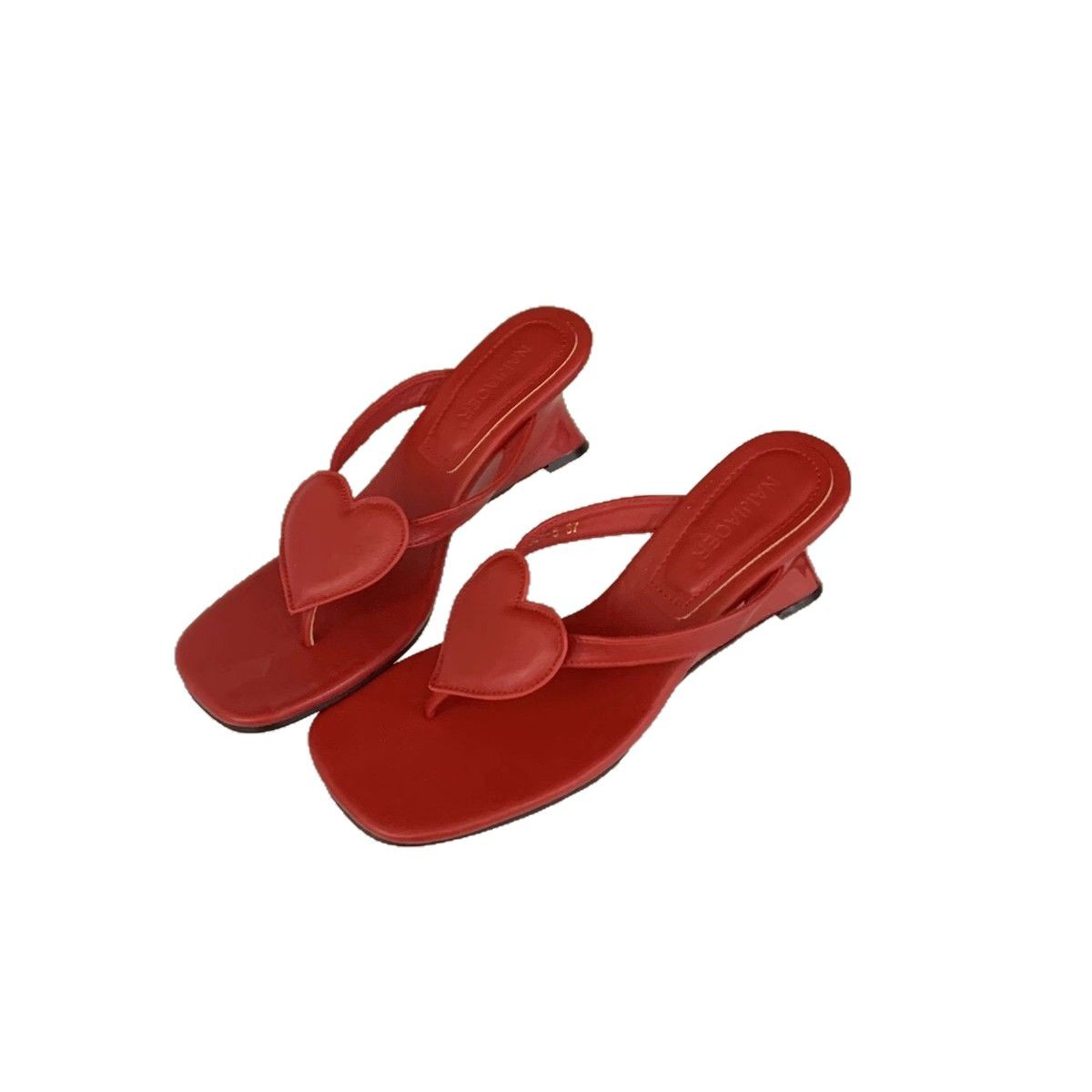 Zapatos rojos de tacón alto, chanclas de cuña, zapatos de mujer, sandalias y sandalias de amor de temperamento de verano 2025