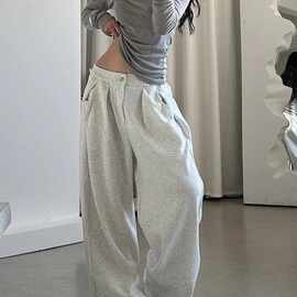 美式慵懒风灰色复古运动长裤女秋慵懒垂感拖地长裤宽松阔腿休闲裤