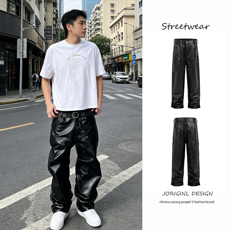 American-style PU leather logging casual pants for men, new spring and autumn style, punk street style, loose heavy-duty straight leg leather pants.