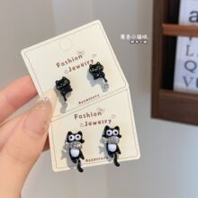 卡通可爱黑色猫咪小鱼耳钉女银针精致设计感甜美百搭秋冬新款耳饰