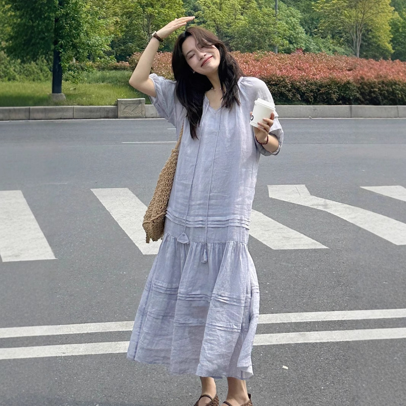French Ramie Dress Women's Summer Relaxed Holiday Literary Loose 2025 New Short-Sleeved Long Skirt C0617