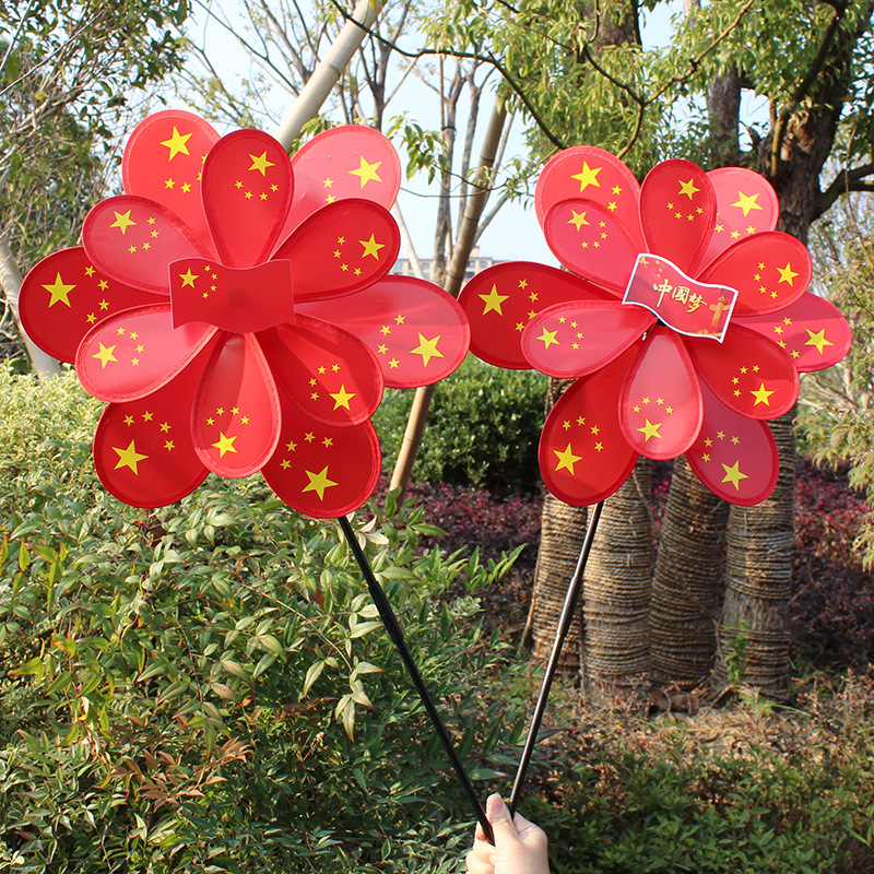 Handheld hot sale double layer red six leaf flag plastic children's toy windmill outdoor garden decoration wholesale