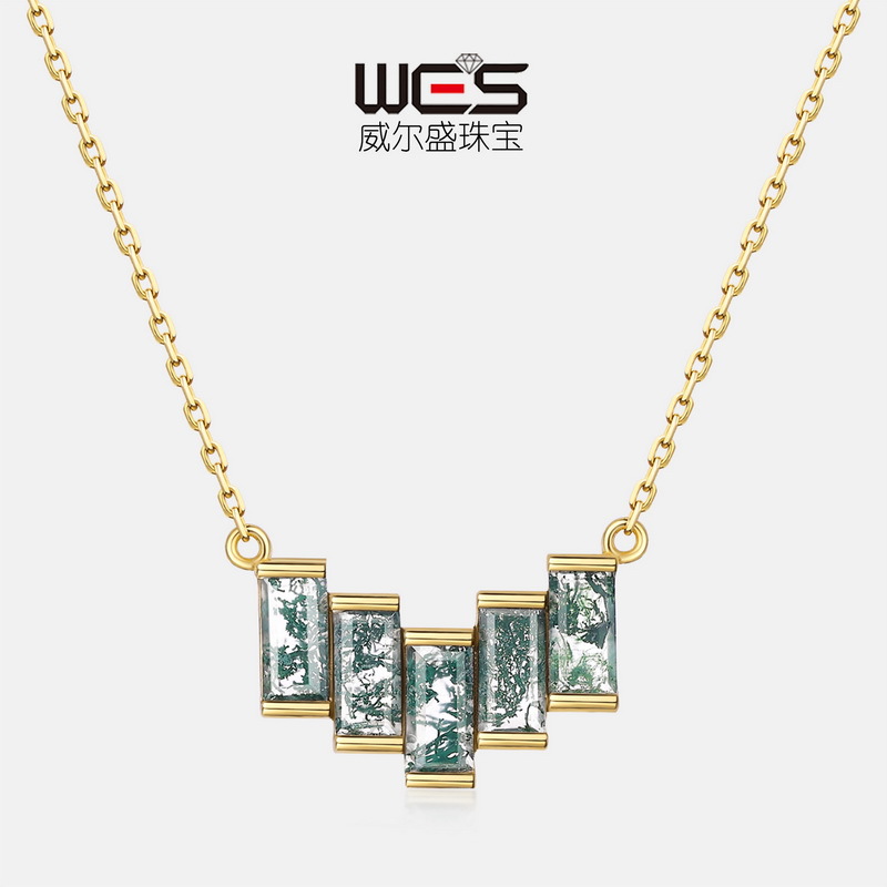 Nuevo diseño rectangular en forma de V transfronterizo collar de piedra de musgo verde S925 plata hierba de agua natural ágata cadena de clavícula personalizada