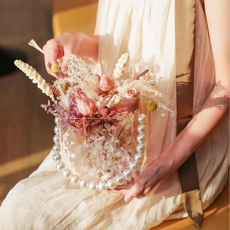 Caja de regalo de amor portátil de espejo personalizado al por mayor flores CD caja de flores de acrílico transparente caja de regalo de tapa de cesta de flores