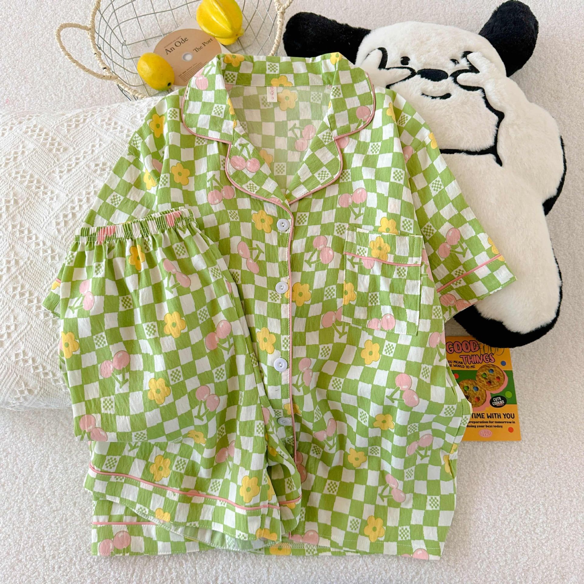 Al por mayor transfronterizo explosión de verano nubes cardigan solapa pijamas de niña dulce mangas cortas pantalones cortos set de ropa para el hogar