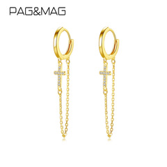 PAG & MAG欧米風925イヤリングはジルコンの耳ボタンの気質の個性的な十字のフリンジチェーンの耳飾りです。