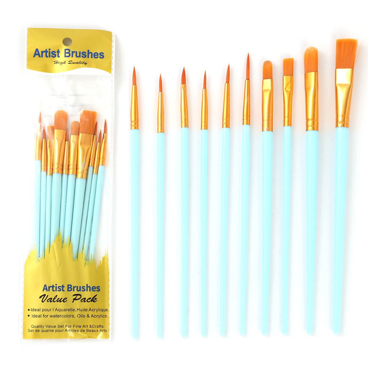 Los fabricantes venden al por mayor diez juegos de pinceles de pelo de nailon, pinceles de aceite de poste de plástico, pinceles de arte, pinceles de pintura de gouache de acuarela