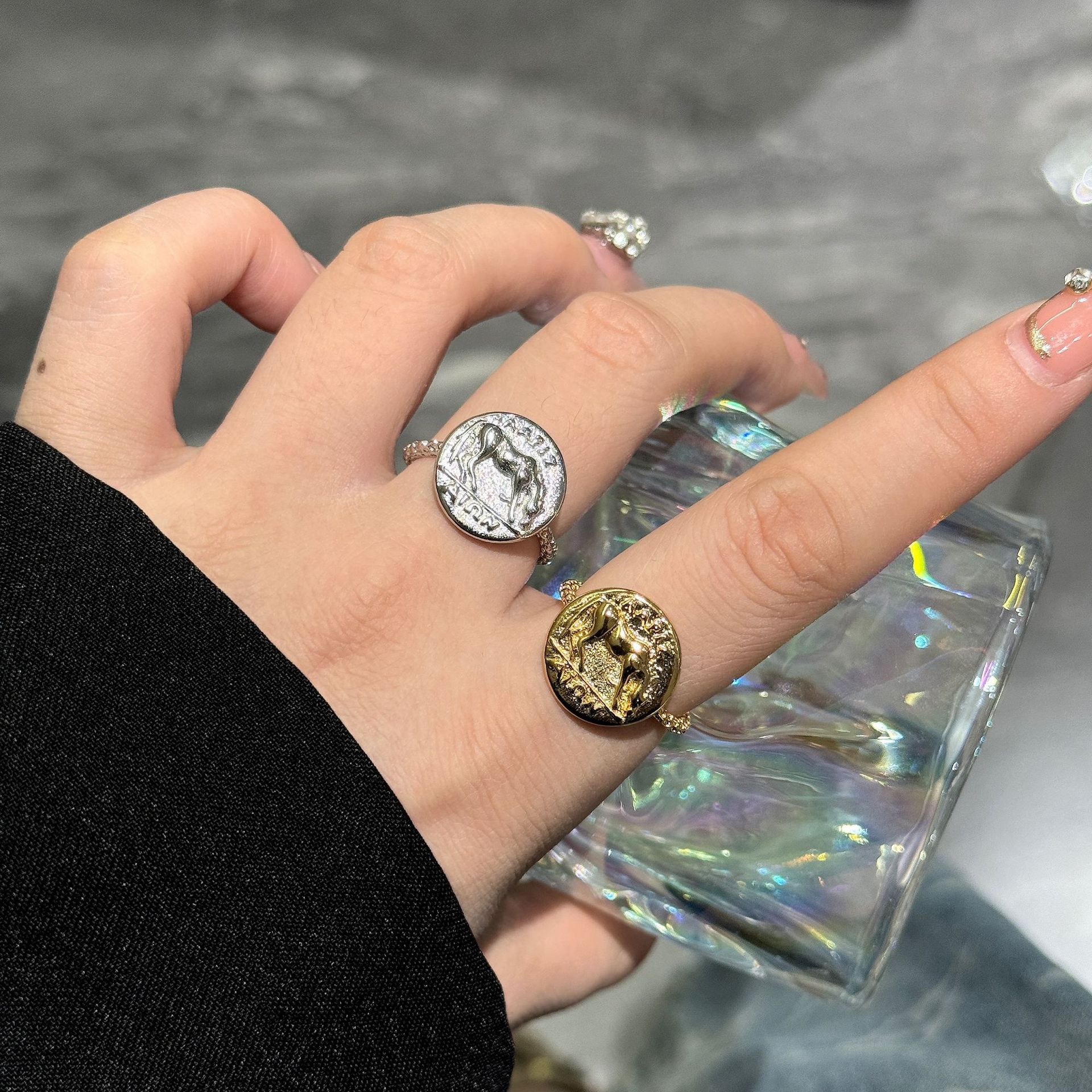 韩国风时尚流行博主款复古字母几何戒指气质花纹马匹圆形指环批发