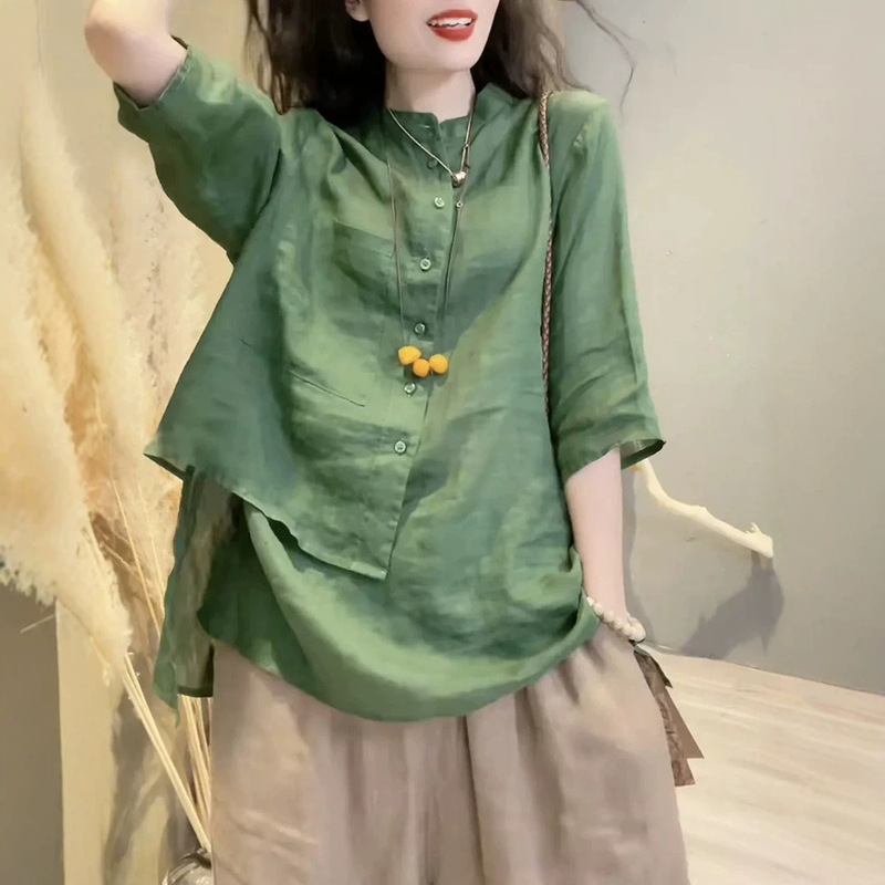 Irregular Design Cotton and Linen Shirt Spring and Summer Chic Niche Casual Three-Quarter Sleeve Solid Color Flap Pocket Pants High-End Top