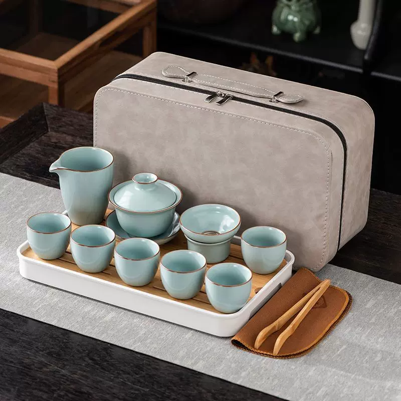 天青汝窑旅行茶具套装泡茶盖碗茶杯公司商务银行伴手礼印制logo