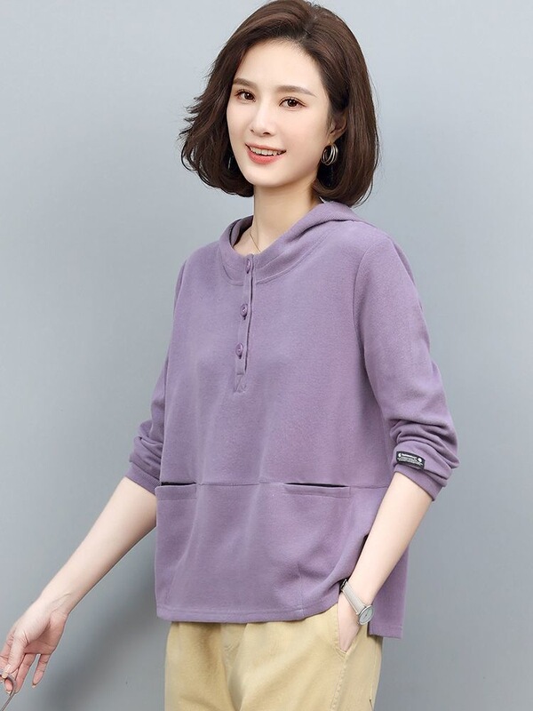 Women's spring and autumn hoodie for petite middle-aged mothers, short style, stylish, age-reducing, versatile, casual, lightweight, plus-size, hooded top