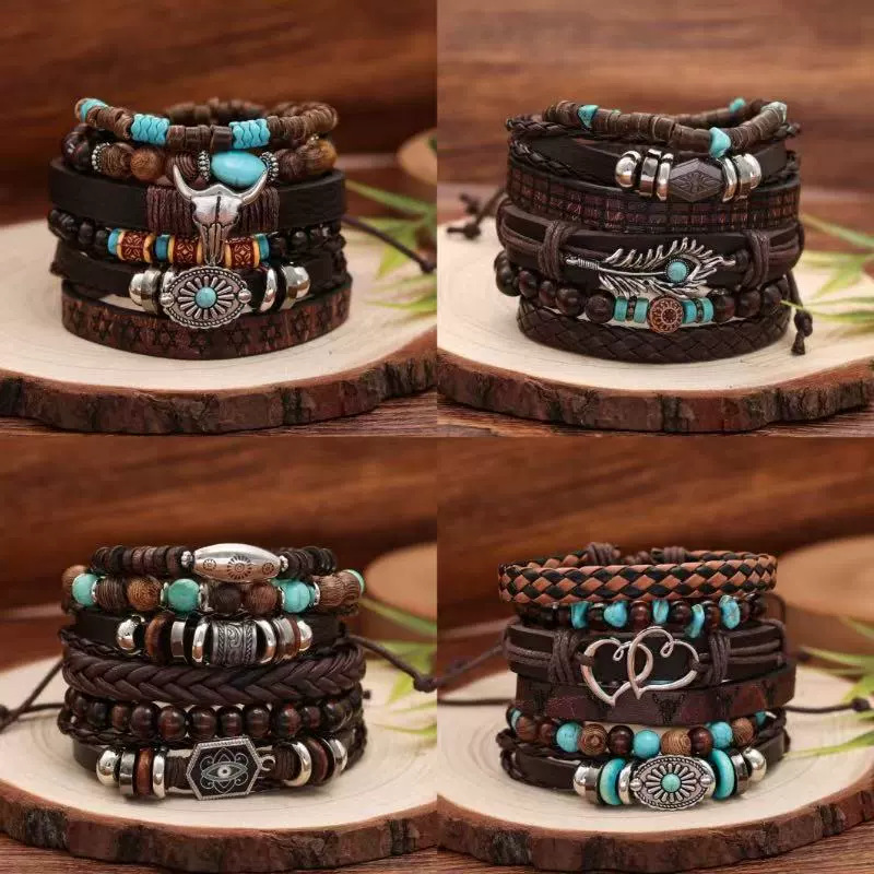 Nuevos productos transfronterizos Cuentas de madera europeas y americanas con cuentas de múltiples capas flor retro pluma de pavo real juego de pulsera tejido a mano en forma de corazón image 1