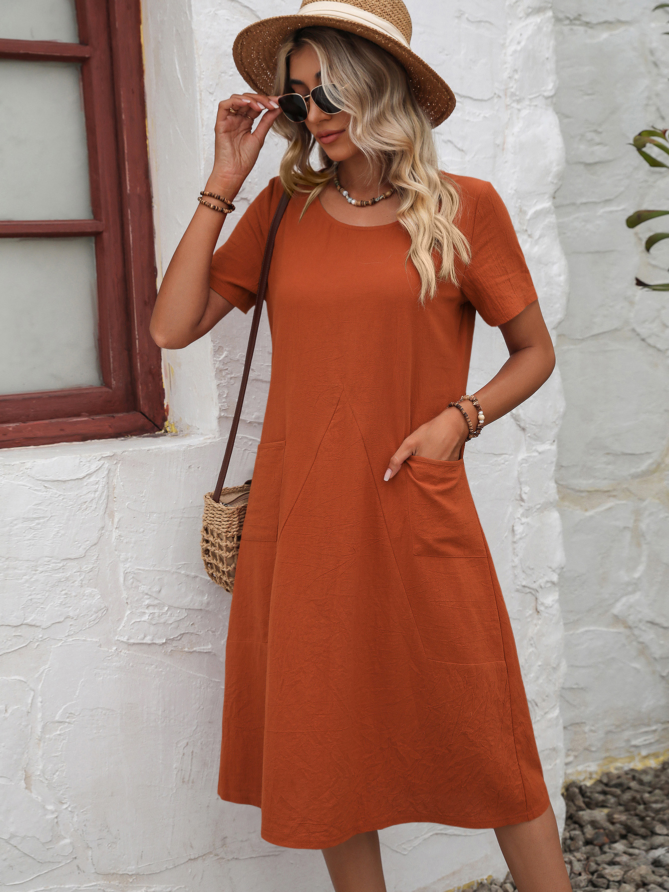 Summer Cotton Linen Solid Color Loose Round Neck Short Sleeve Dress