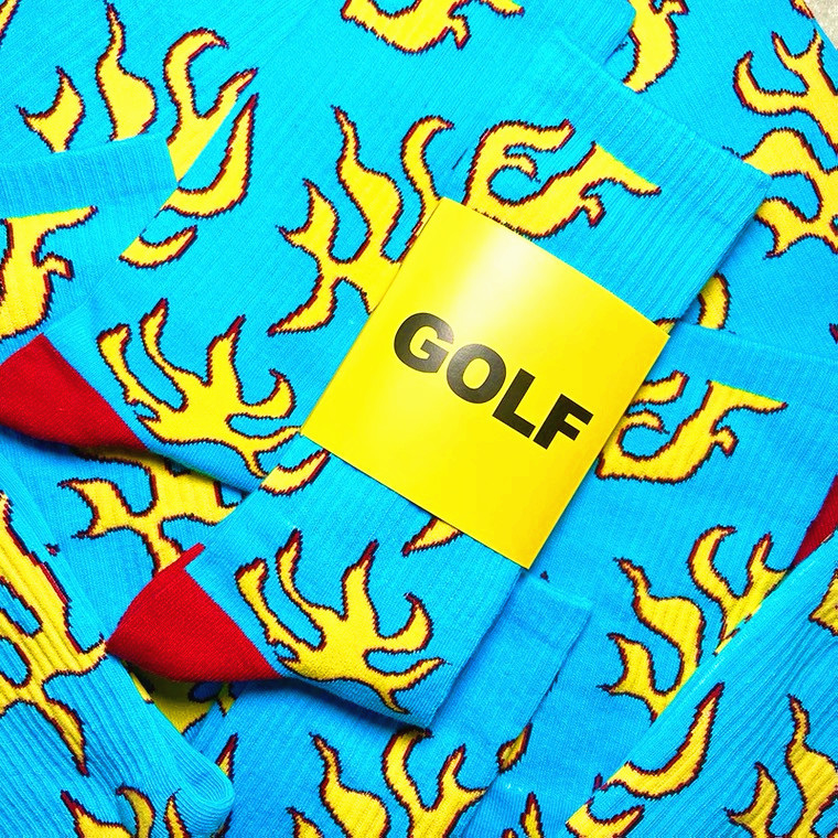 Trendy brand designer golf blue flame socks European and American street trend hip hop men's and women's sports pure cotton tube socks