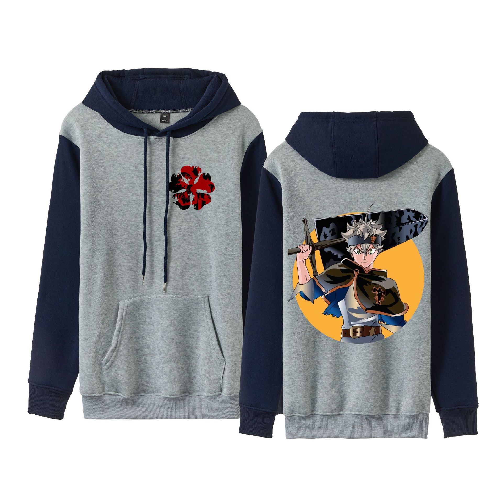 Trébol de cuatro hojas negro Black Clover suéter de pareja de talla grande para hombres y mujeres sudadera con capucha de contraste con capucha