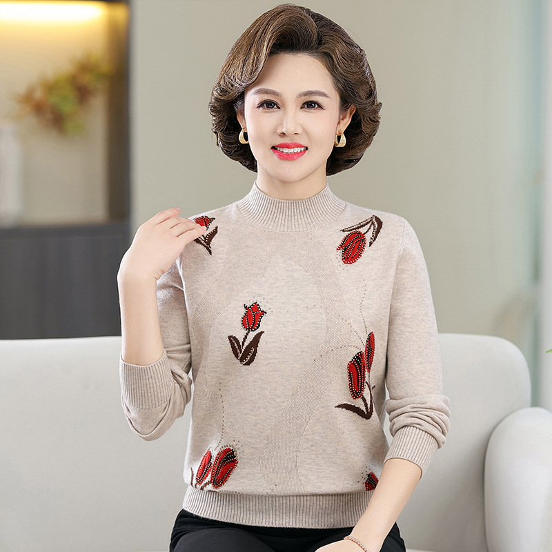 绣花气质妈妈装秋冬新款针织长袖上衣中老年冬季套头毛衣保暖打底，女装针织衫/毛衣，妃慕昵服饰