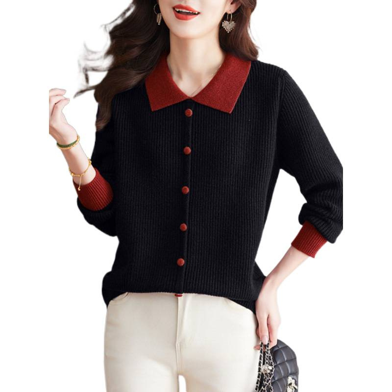 Suéter de solapa para mujeres 2025 otoño nuevo polo cuello exterior envejecimiento de madres color de punto camiseta de base superior image 5