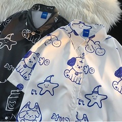 日本のパーソナライズされたフルプリント半袖シャツ女性の夏の香港スタイルオーバーサイズルーズ子犬カップルシャツ薄いスタイル