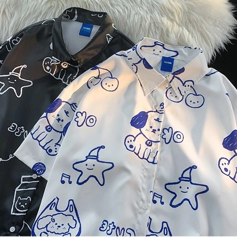 日本のパーソナライズされたフルプリント半袖シャツ女性の夏の香港スタイルオーバーサイズルーズ子犬カップルシャツ薄いスタイル|undefined