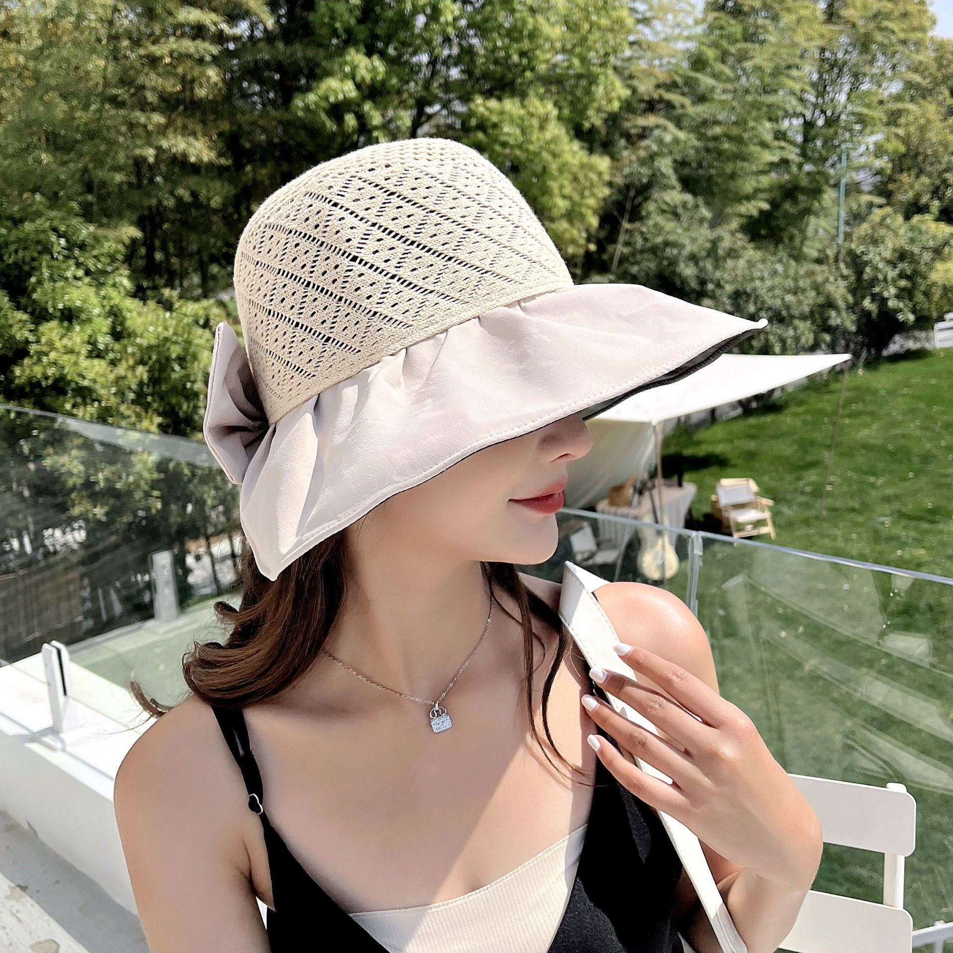 Fashion Sun Protection Block Uv Knit Breathable Vinyl Wide Brim Big Bow Hat display picture 5