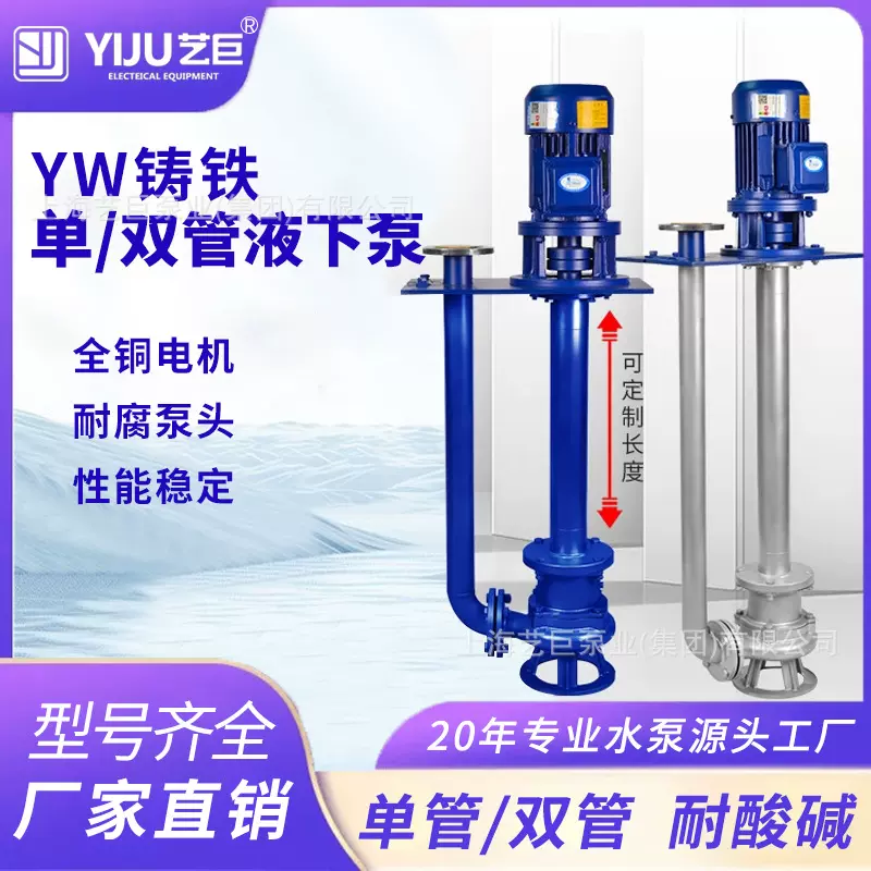 YW立式液下泵液下排污泵无堵塞污水泵不锈钢单管双管液下长轴泵