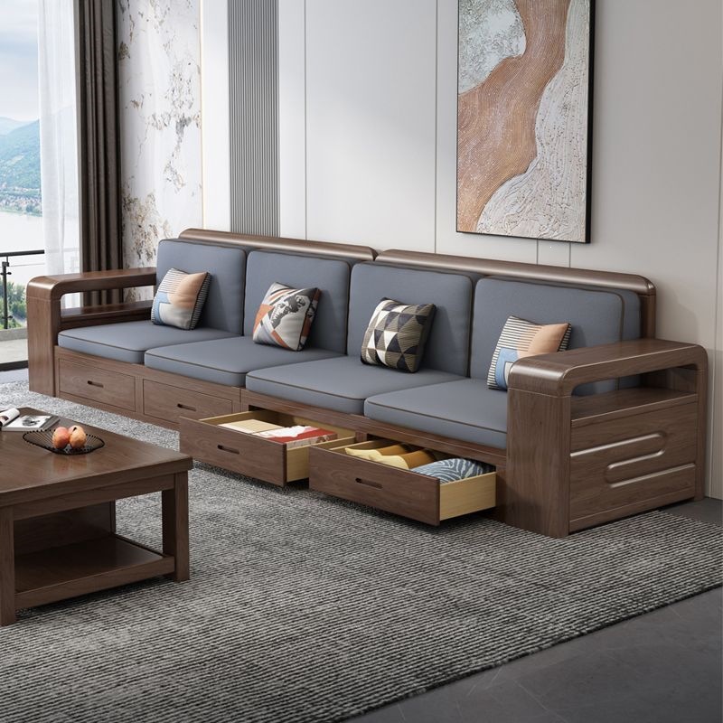 Walnut solid wood drawer storage straight-line sofa set, chaise lounge, modern minimalist, dual-use for winter and summer, high-end living room furniture