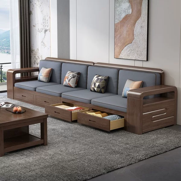 Walnut solid wood drawer storage straight-line sofa set, chaise lounge, modern minimalist, dual-use for winter and summer, high-end living room furniture
