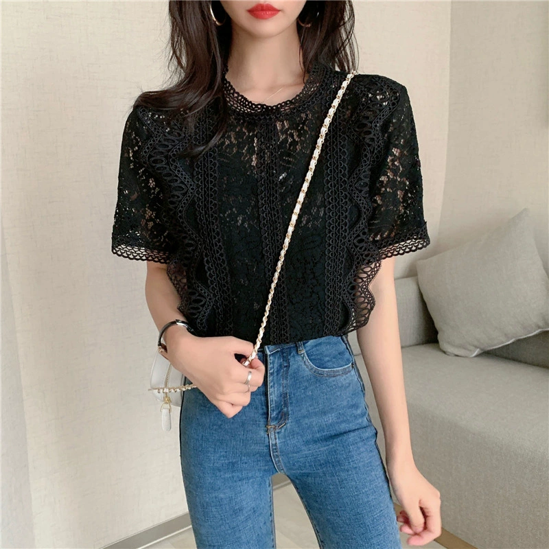 Lace summer solid shirt with a round collar, oversize, western style