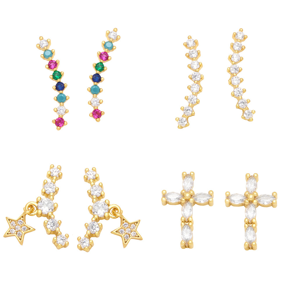 Fashion Cross Star Copper Ear Studs Inlay Zircon Copper Earrings