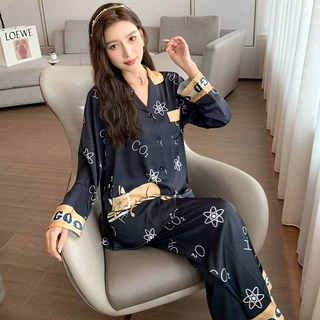 睡衣女 冰雪丝长袖缎面雪纺仿真丝家居服定位花套装网红直播定制