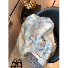 蓝色钉珠亮片马海毛毛衣女2025秋季新款慵懒风软糯别致减龄针织衫