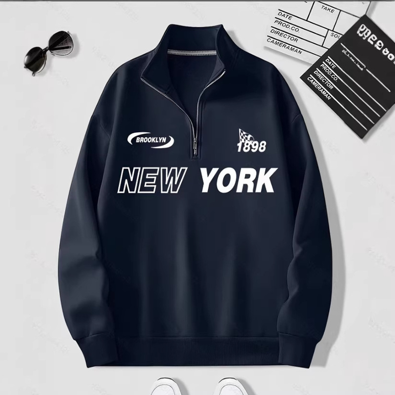 Cross-Border Men's "New York" Letter Print 1/4 Zip Pullover Sweatshirt Trendy Casual Sports Shirt Suitable for