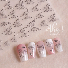 Aha manicure adhesive stickers, gold-plated silver hollow black and white hand-painted butterfly veins nail jewelry decals