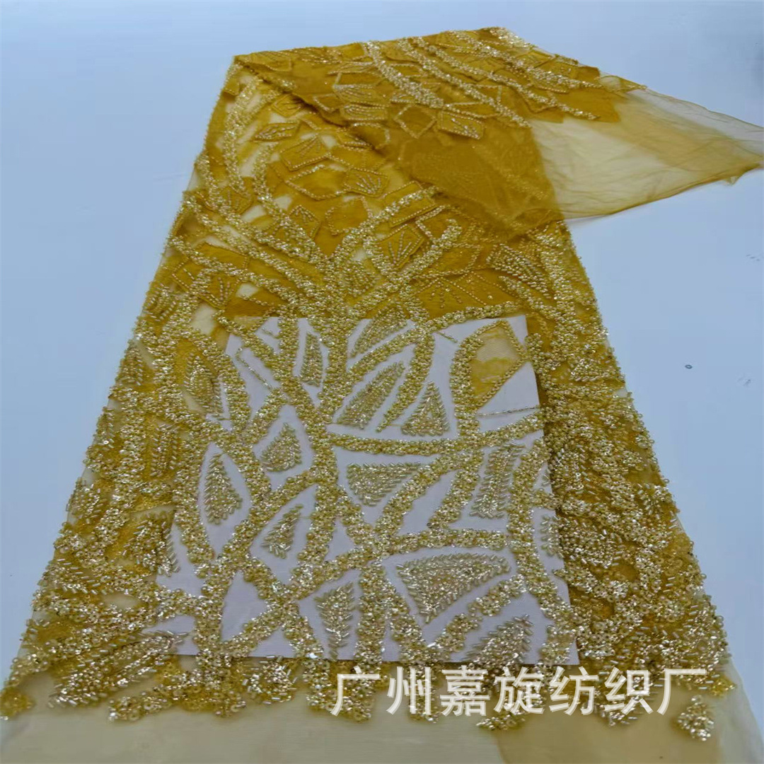 Geometría irregular tubo largo pequeño lenteja tela de encaje cuentas de clavado tela bordada vestido de boda cheongsam tela de moda