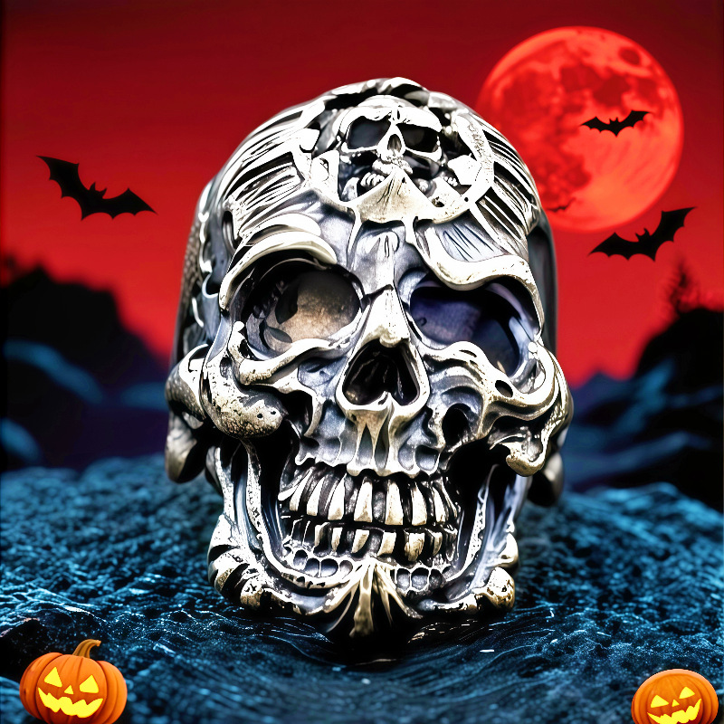 Cross-border explosions alloy ring Europe and the United States exaggerated domineering flower ghost skull ring personality retro men's wholesale