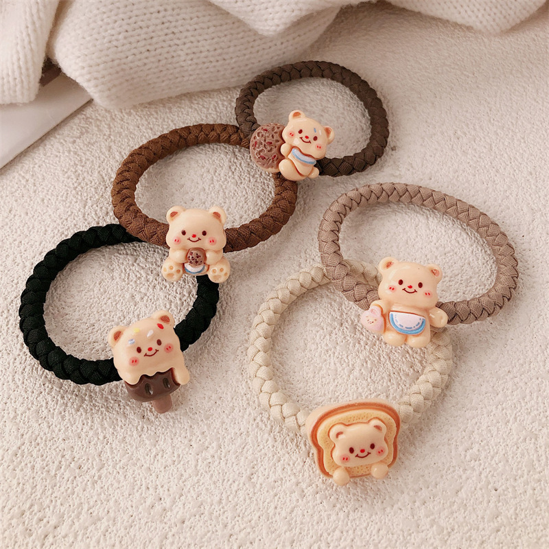 Caricatura encantadora crema oso anillo de cabello de alta elasticidad engrosado oso correa de cabello cuerda de cabello de cola de caballo accesorios para el cabello