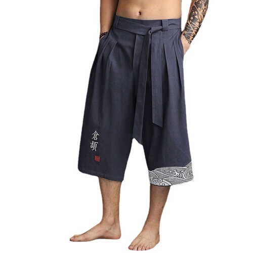 2025 Chinese-style men's wide-leg pants, cotton-linen 7/8 length, loose summer casual pants, trendy men's bottoms