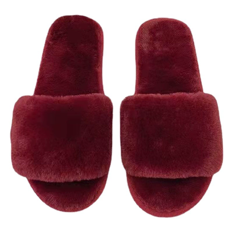 Оптовая продажа от производителя, внешняя торговля, новые четырехсезонные универсальные меховые тапочки с открытым носком на толстой подошве, нескользящие меховые тапочки на плоской подошве, домашняя обувь