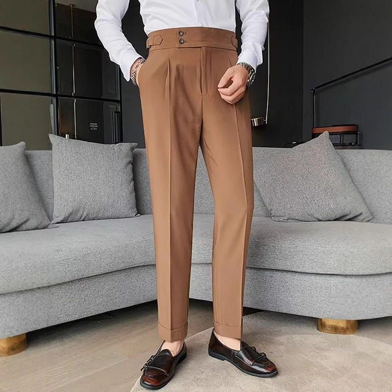 Nápoles traje pantalones de los hombres de estilo coreano slim fit pantalones ajustados otoño retro de cintura alta de negocios de color sólido pantalones casuales rectos