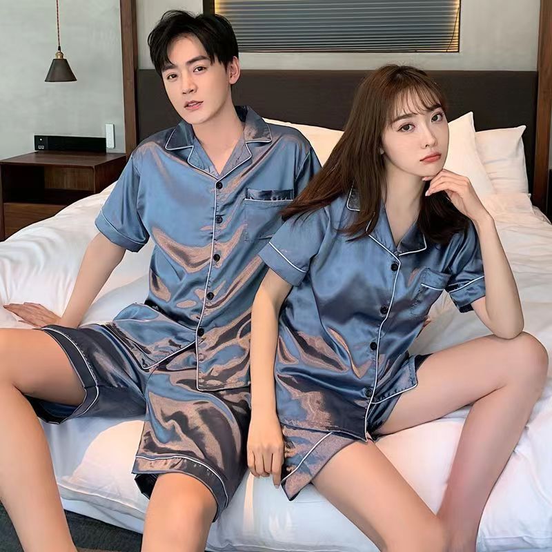 Fabricantes de verano de camisa de dama, pijama de seda de hielo, pantalones cortos de manga corta, set de seda de pareja, ropa de casa de verano para hombres