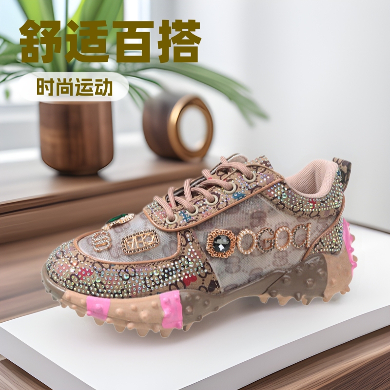 European Style Low-Top Rhinestone Durian Shoes for Women 2026 New Flat Shoes with Rhinestones Dad Shoes Women's Casual Sneakers