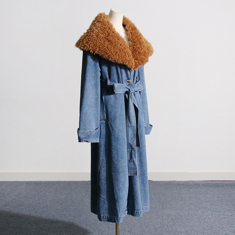 Abbigliamento da donna Trench lungo alla moda e dal temperamento nuovo di zecca, colletto in pelliccia staccabile, design di nicchia, giacca in denim_voghion.com