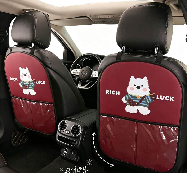 Women's Cute Cartoon Car Seat Back Anti-Kick Pad, Car Seat Back Anti-Stain Pad with Storage Strap