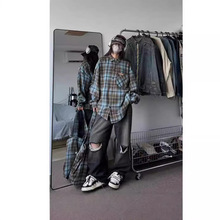 磨毛蓝色格子衬衫男高级感痞帅秋季美式复古外套男女慵懒街头衬衣