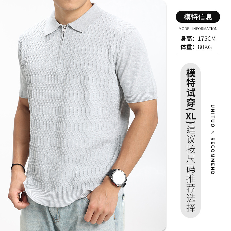 Hombre de negocios casual jersey de malla de punto polo hombre medio cremallera solapa transpirable mangas cortas 2026 nuevo