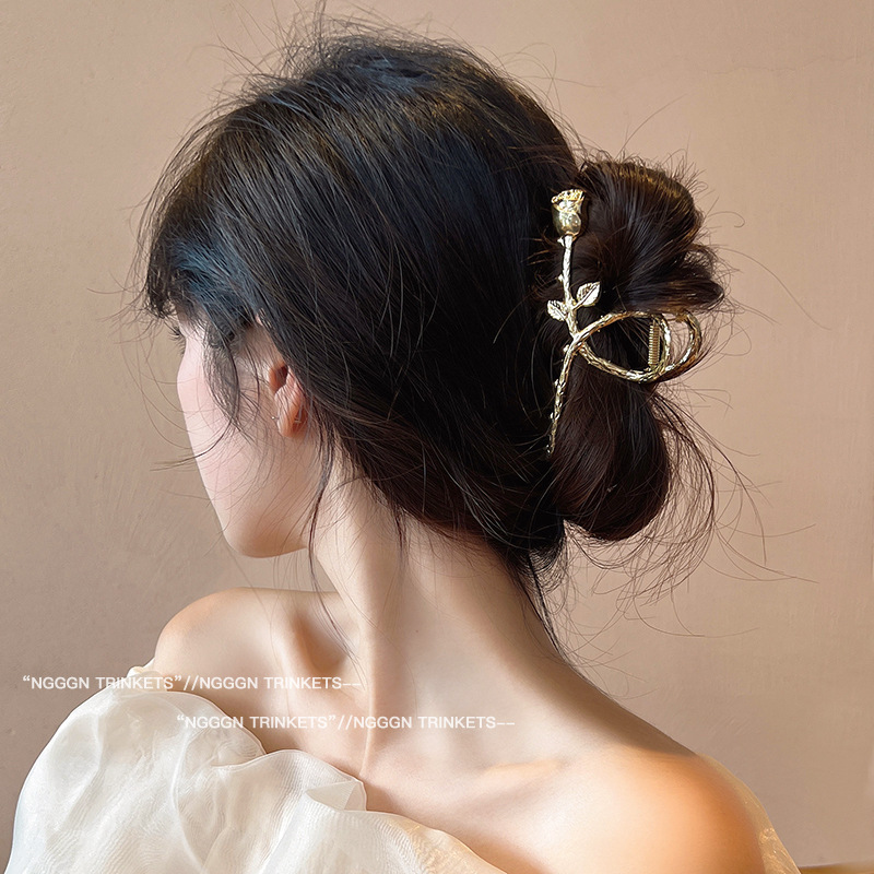 珍珠金属鲨鱼夹发卡女气质蝴蝶结抓夹后脑勺半扎发小号头饰高级感|undefined