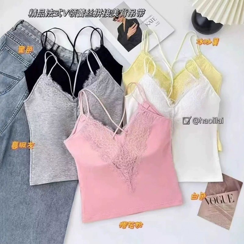 2025 летний новый стиль Pure Desire Hot Girl Collar Lace Splicing Shoulders Beautiful Back Light Luxurious Slim Fit Versatile Bottoming Clothes Suspenders