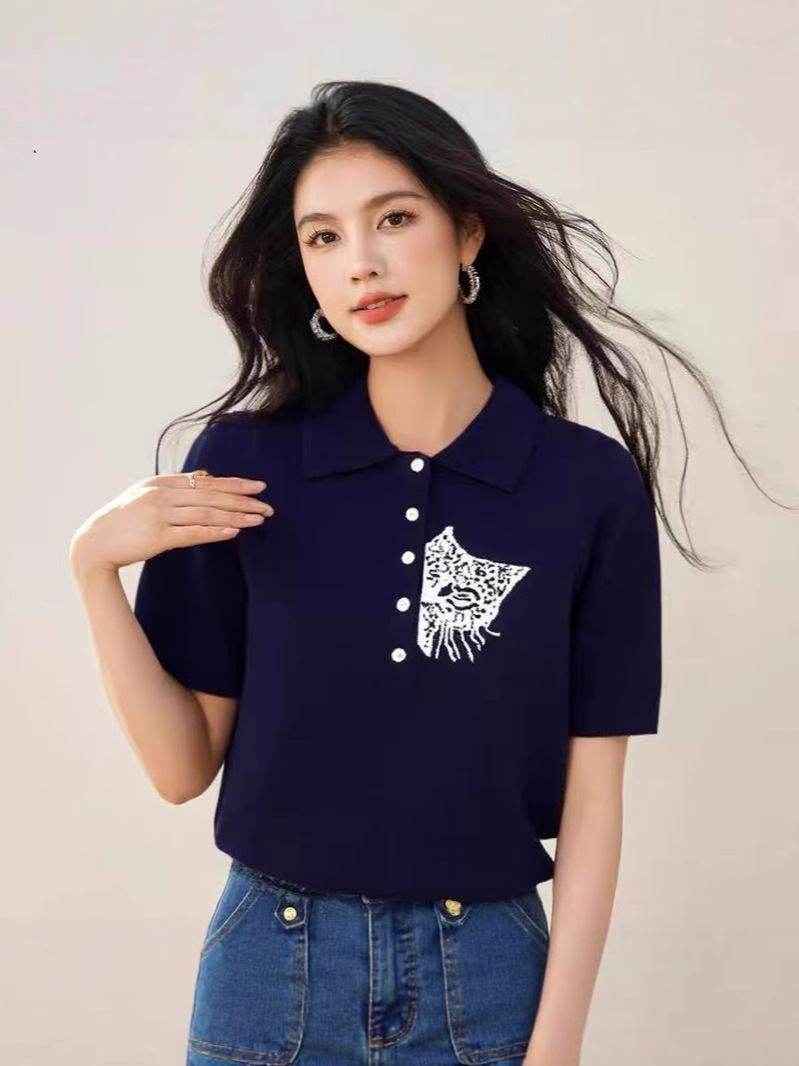 Áo thun polo nữ tay ngắn thêu họa tiết, phong cách Mỹ ôm body — màu xanh